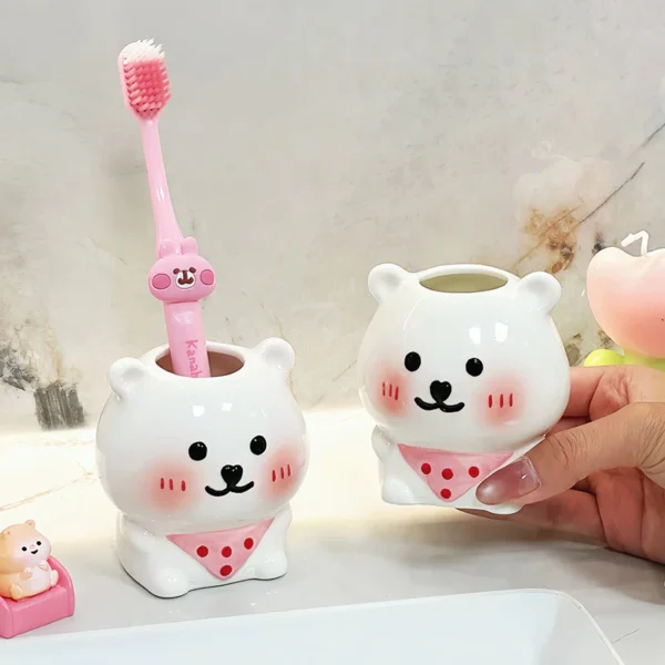 Cartoon Bear Toothbrush Holder Ceramic Storage Rack Toothpaste Bathroom Organizer