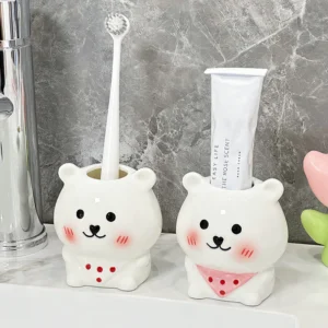 Cartoon Bear Toothbrush Holder Ceramic Storage Rack Toothpaste Bathroom Organizer