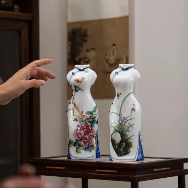 Jade Porcelain Pure Hand Painted Cheongsam Vase Retro Pendulum Flower Arrangement Chinese Ceramic