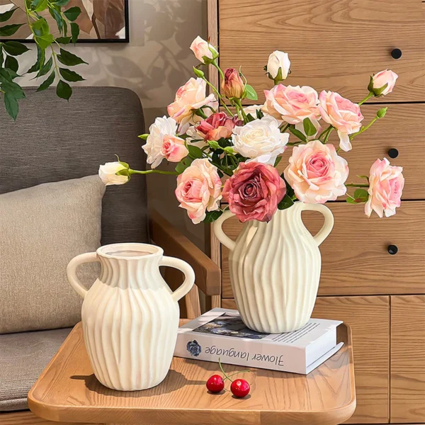 Nordic White Vase Fashion Ceramic Flower Vessel Classic Stripe Pattern Vase