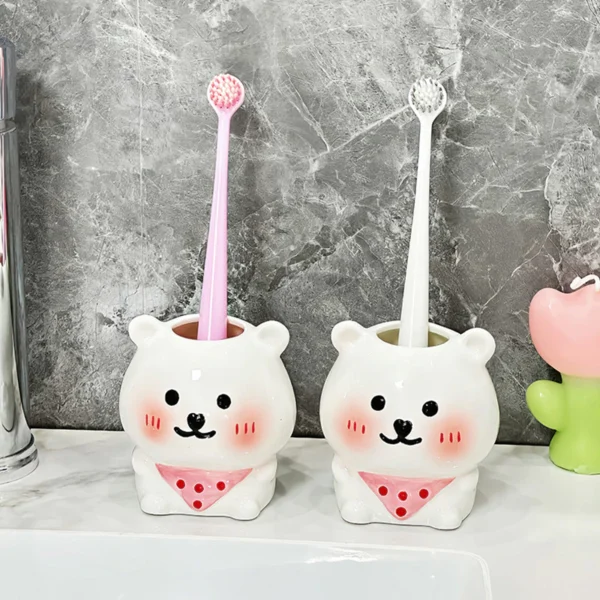 Cartoon Bear Toothbrush Holder Ceramic Storage Rack Toothpaste Bathroom Organizer