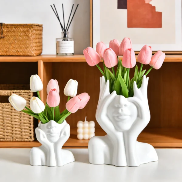 Nordic Faux Ceramic Flower Vase 1Set Simulated Tulip Vase Creative Face Shaped Vase Ornament