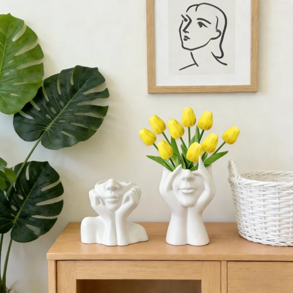 Nordic Faux Ceramic Flower Vase 1Set Simulated Tulip Vase Creative Face Shaped Vase Ornament